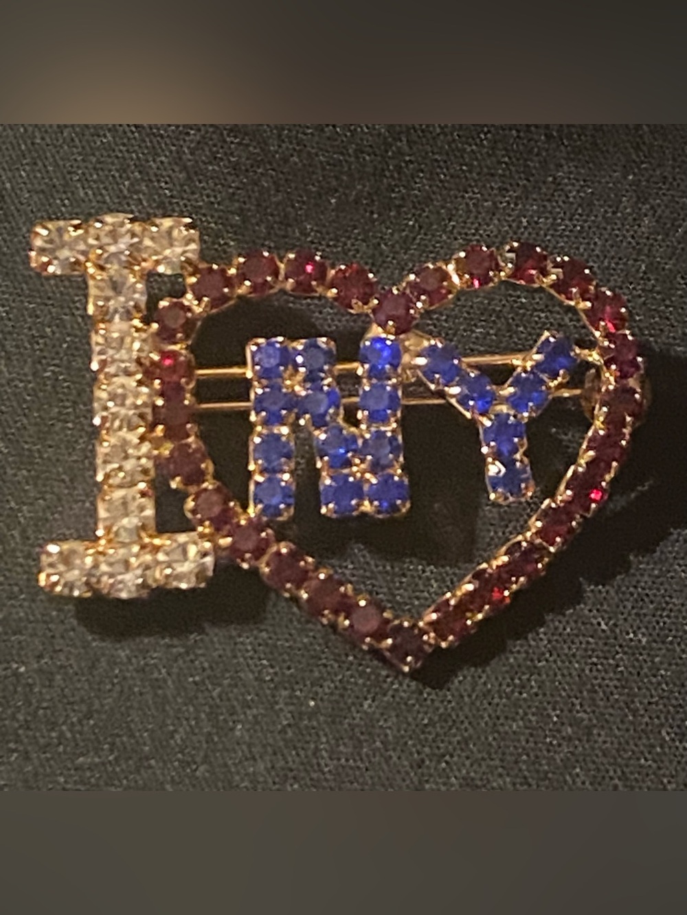 Vtg Rhinestone Pin Lapel Hat Brooch I Love NY Red White Blue Sparkle Heart